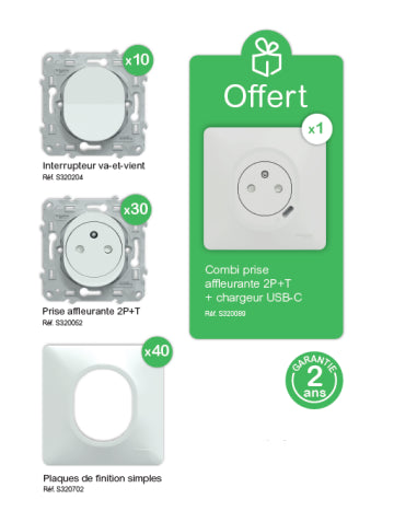 Schneider Ovalis ProBox - 40 plaques + 30 prises + 10 VV + 1 prise affleurante avec USC-C blanc - PFRB05