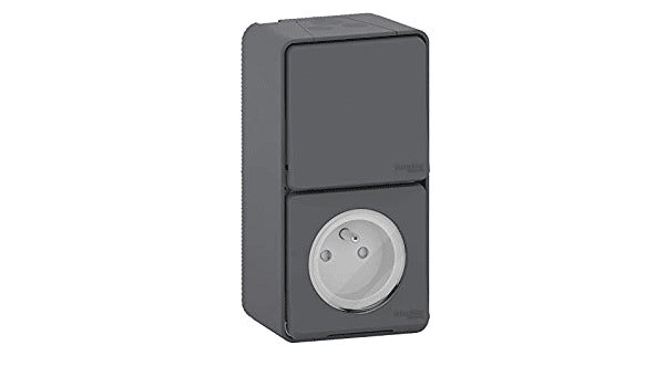 Prise de courant 2P+T et interrupteur étanche saillie Mureva Styl - IP55 gris complet - Schneider MUR36025