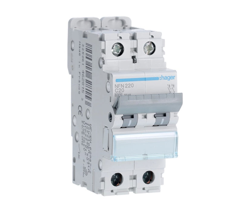HAGER Disjoncteur 2P 6/10KA courbe C 20A 2 modules NFN220