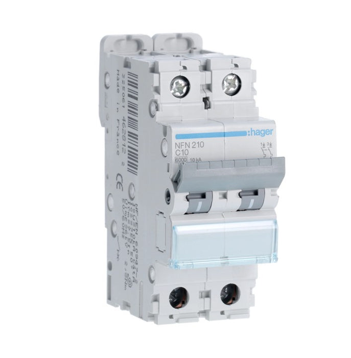 HAGER Disjoncteur 2P 6/10KA courbe C 10A 2 modules NFN210