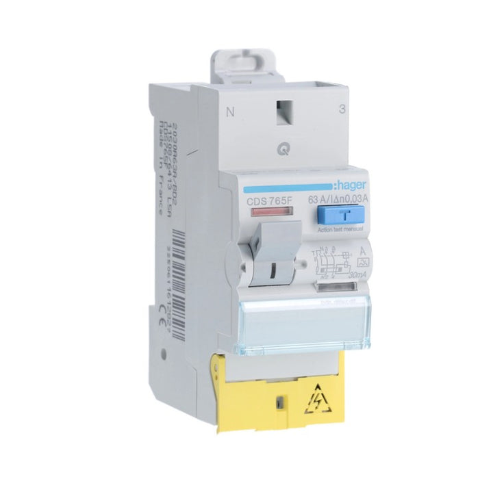 Interrupteur différentiel - 2P 63A 30mA type A SanVis - Hager CDS765F