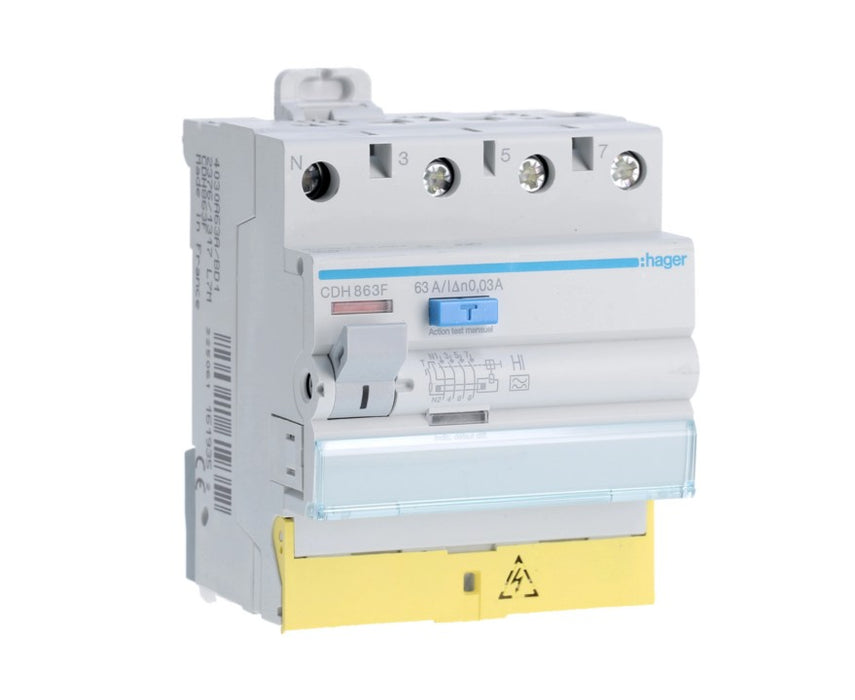 Interrupteur différentiel 4P 63A 30mA type HI à bornes décalées HAGER CDH863F