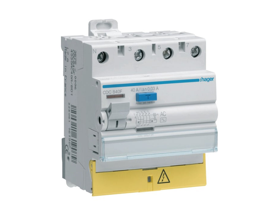 Interrupteur différentiel 4P 40A 30mA type AC à bornes décalées HAGER CDC840F