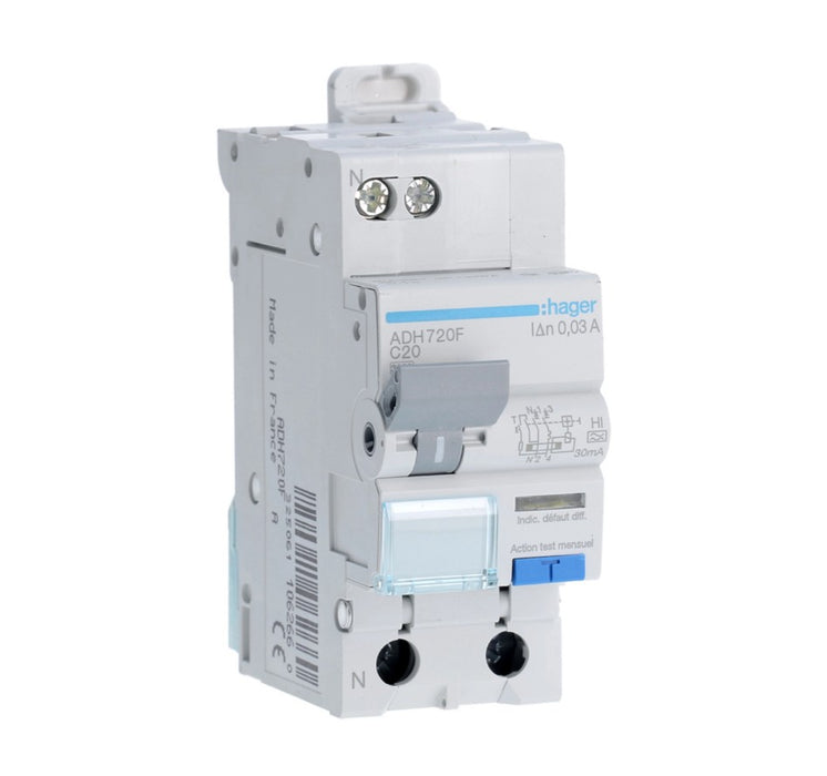 HAGER Disjoncteur différentiel 1P+N 3kA courbe C 20A 30mA type HI ADH720F