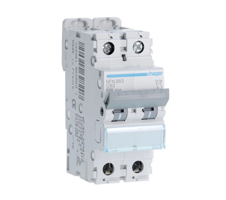 Disjoncteur 2P 6/10KA courbe C-63A 2 modules HAGER NFN263