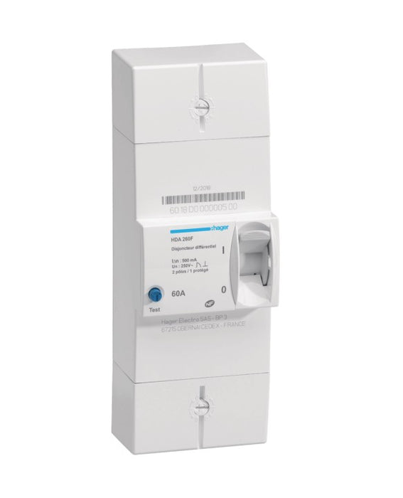 Disjoncteur de branchement différentiel instantané 2P 60A 500mA Hager HDA260F