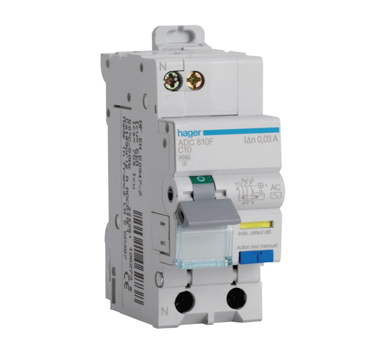 HAGER Disjoncteur différentiel 1P+N 4.5/6kA courbe C 10A 30mA AC ADC810F