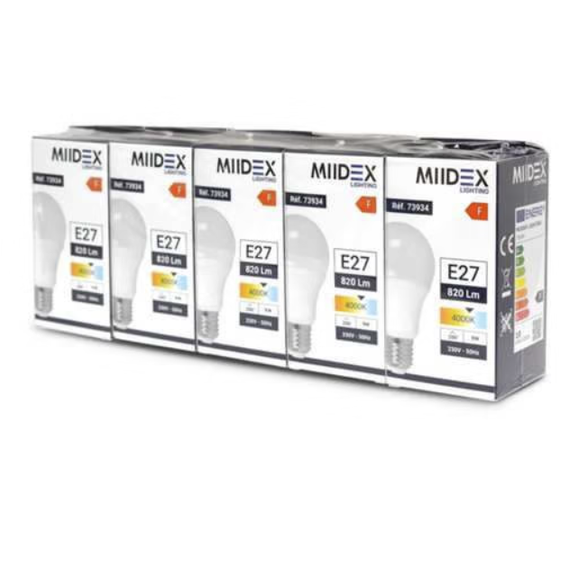 Lot de 5 ampoules LED E27 8.5W (=75W) 820lm 4000K - Miidex 739340