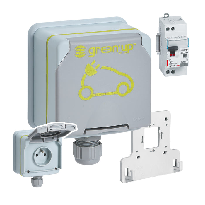 Prêt à poser Green'Up Access - 1 prise sécurisée recharge véhicule électrique - 1 disjoncteur différentiel - Legrand 090476