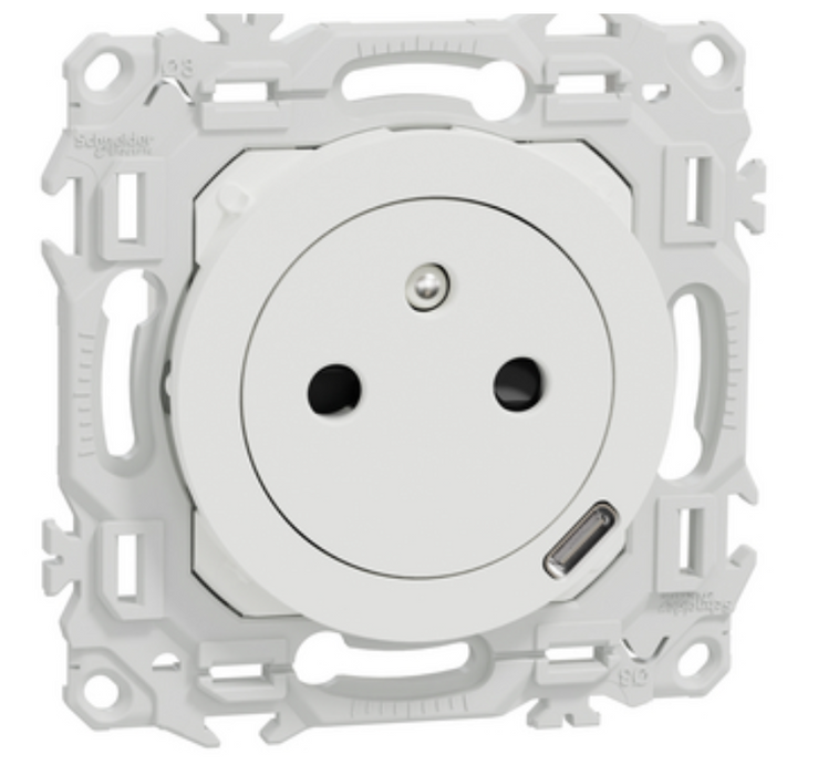 Schneider Odace - prise de courant affleurante 2P+T avec chargeur USC type-C blanc - S920042