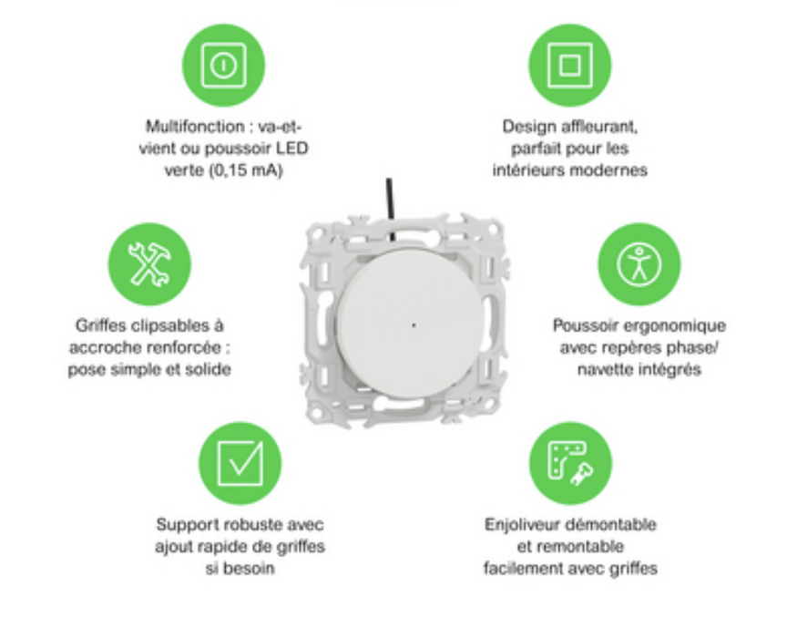 Schneider Odace - interrupteur va et vient - bouton poussoir blanc à voyant lumineux vert - S920263