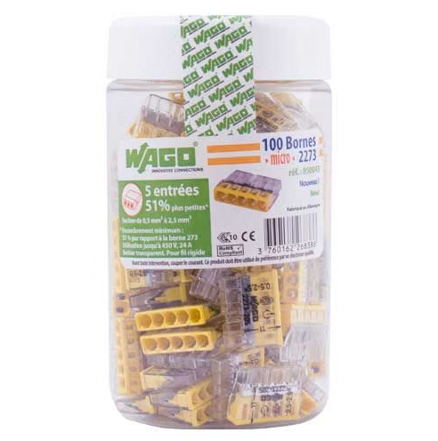 WAGO Boîte de 100 bornes de connexion rapide - 5 entrées pour fils rigides - 2273-205